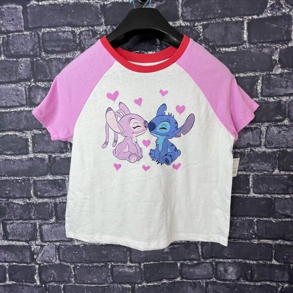 Disney XL 14 Stitch Raglan Cropped Graphic T-shirt White pink - Picture 1 of 6
